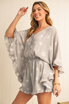 Gray Star Print Ruffle Hem V Neck Romper