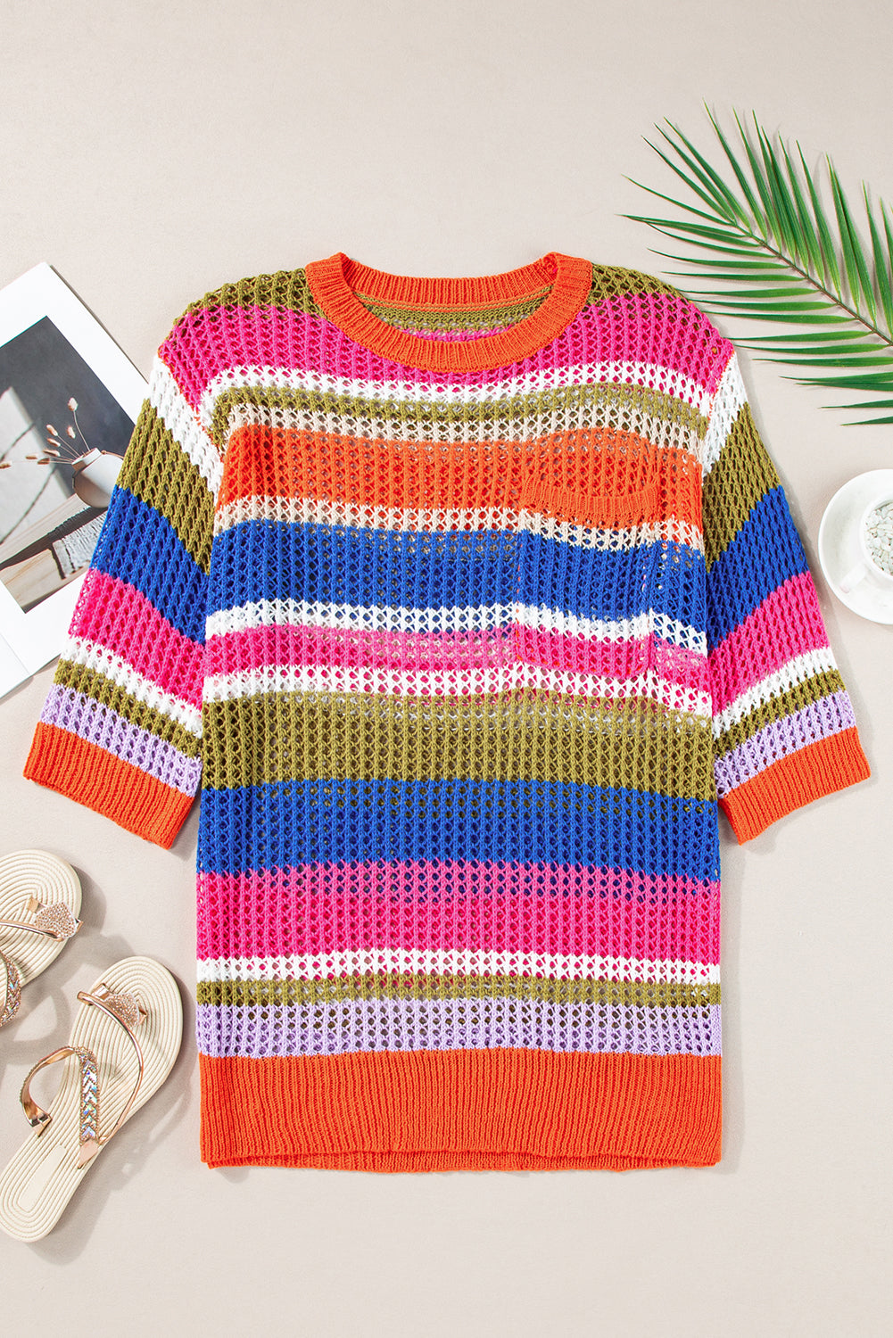 Pink Striped Color Block Hollow Crochet 3/4 Sleeve T Shirt