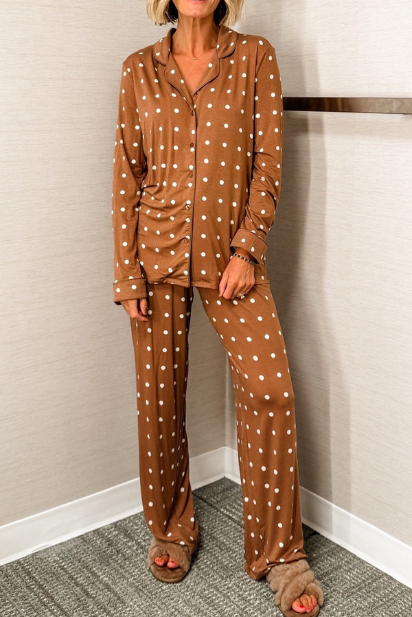Brown Polka Dot Print Long Sleeve Shirt Pant 2pcs Pajama Set
