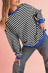 Blue Stripe Contrast Edge Cross Seam Oversized Pullover