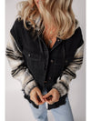 Black Patchwork Plaid Sleeve Frayed Hem Hooded Denim Jacket