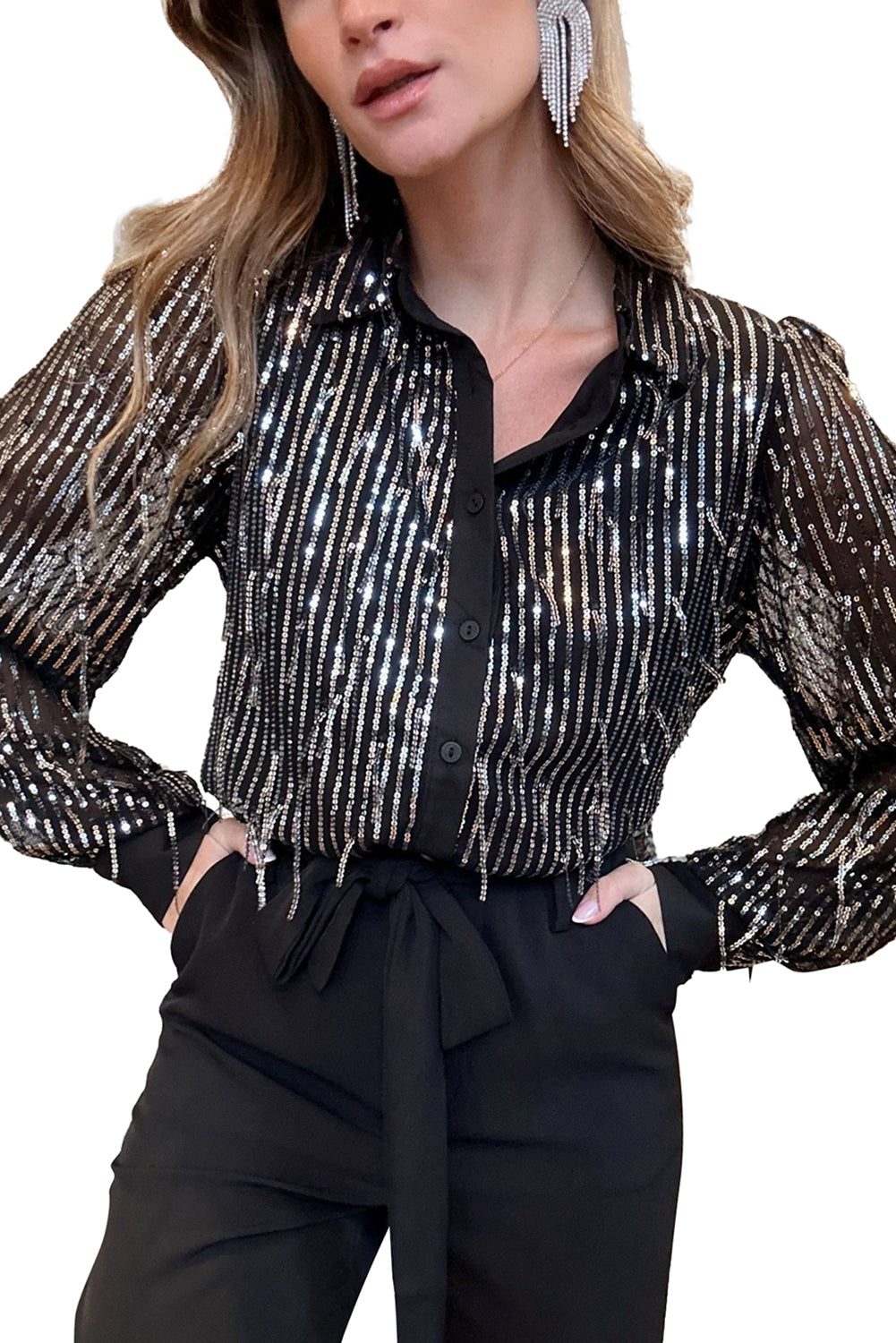 Black Sequin Tassel Button-Up Shirt