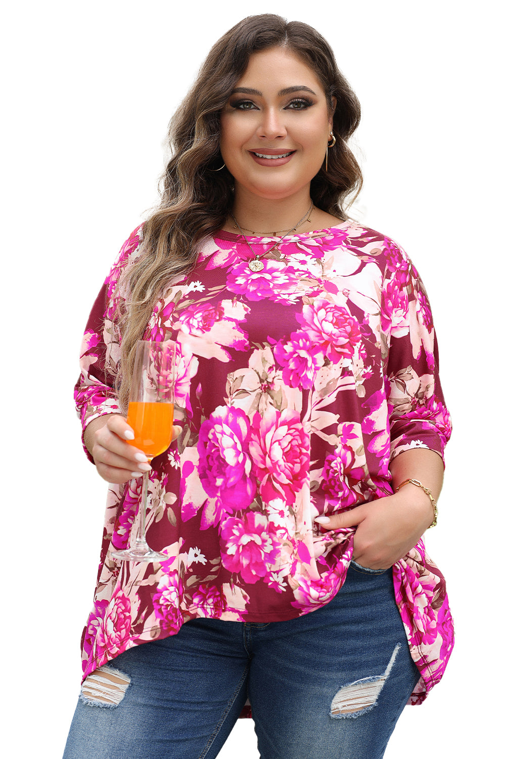 Red Plus Size Floral Print Half Sleeve Blouse