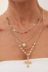 Gold 4pcs Cross Pendant Rhinestone Pearl Chain Necklace Set