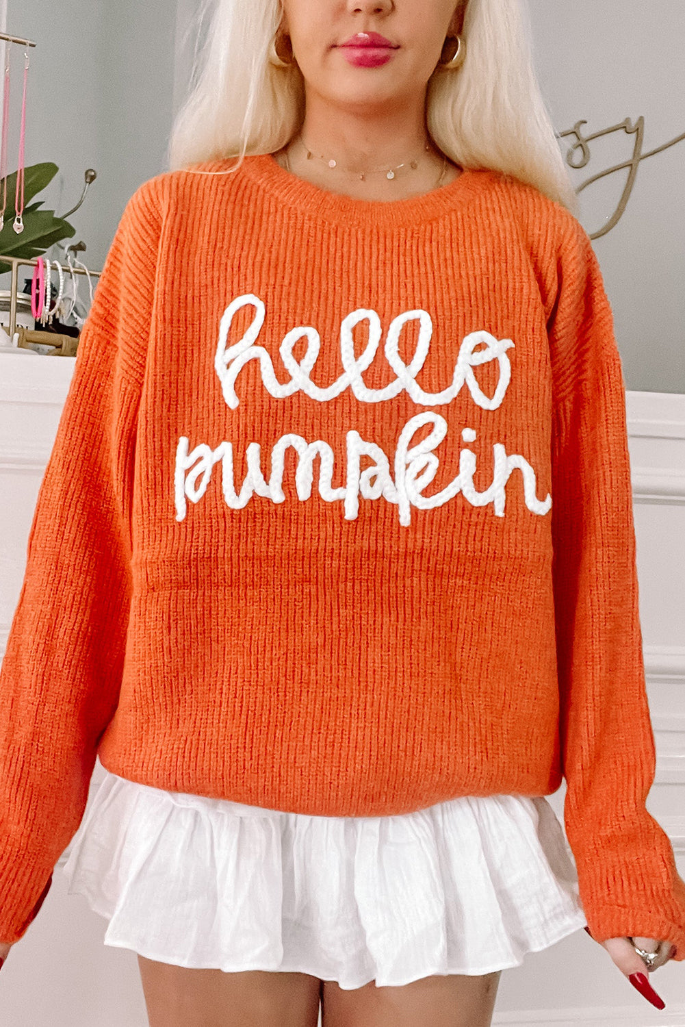 White Hello Pumpkin Graphic Sweater