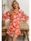 Black Floral Print Lapel Collar Loose Shirt Mini Dress