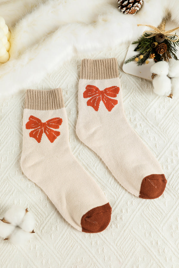 Khaki Bow Printed Colorblock Knit Crew Socks