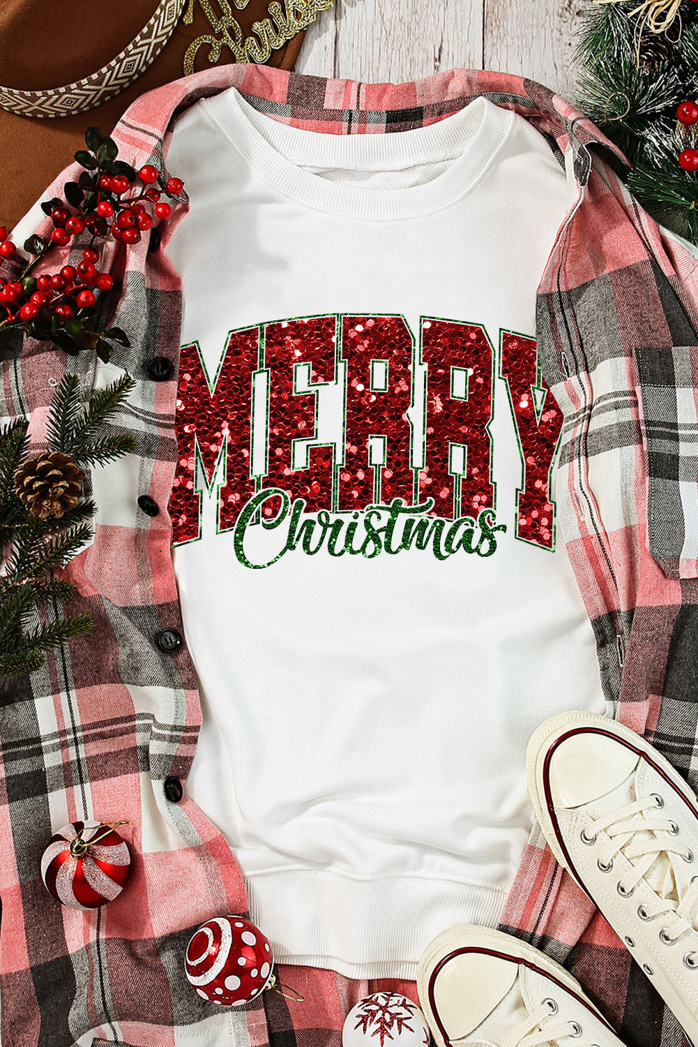 Beige MERRY Christmas Graphic Crewneck Pullover Sweatshirt