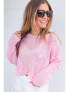 Light Pink Flower Drop Shoulder Hollow Knit Top