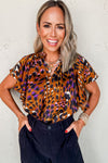 Orange Leopard Printed Short Sleeve Slit V Neck Blouse