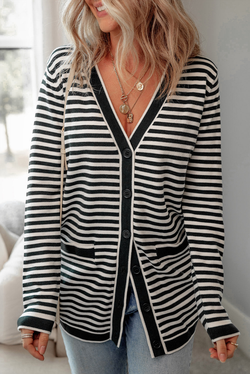 Black Striped Pocketed Button Long Cardigan