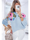 Beige 60s Flower Pattern Knitted Sweater