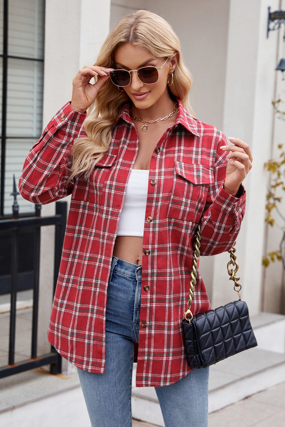 Green Plaid Chest Pocket Button Front Shirt