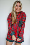 Red Plaid Contrast Color Christmas Holiday Long Sleeve Shirt and Shorts Pajama Set