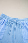 Light Blue Plus Size Ribbed Long Sleeve Top and Drawstring Shorts Set