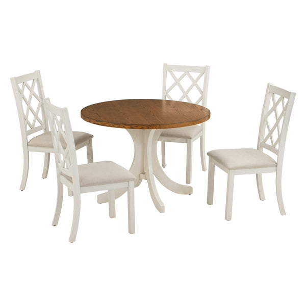 TOPMAX Mid-Century Solid Wood 5-Piece Round Dining Table Set, Kitchen Table Set with Upholstered Chairs for Small Places, Walnut Table+Beige Chair (old sku:SH000226AAD)