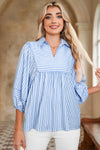 Sky Blue Striped Ric Rac Trim Collared V Neck Blouse