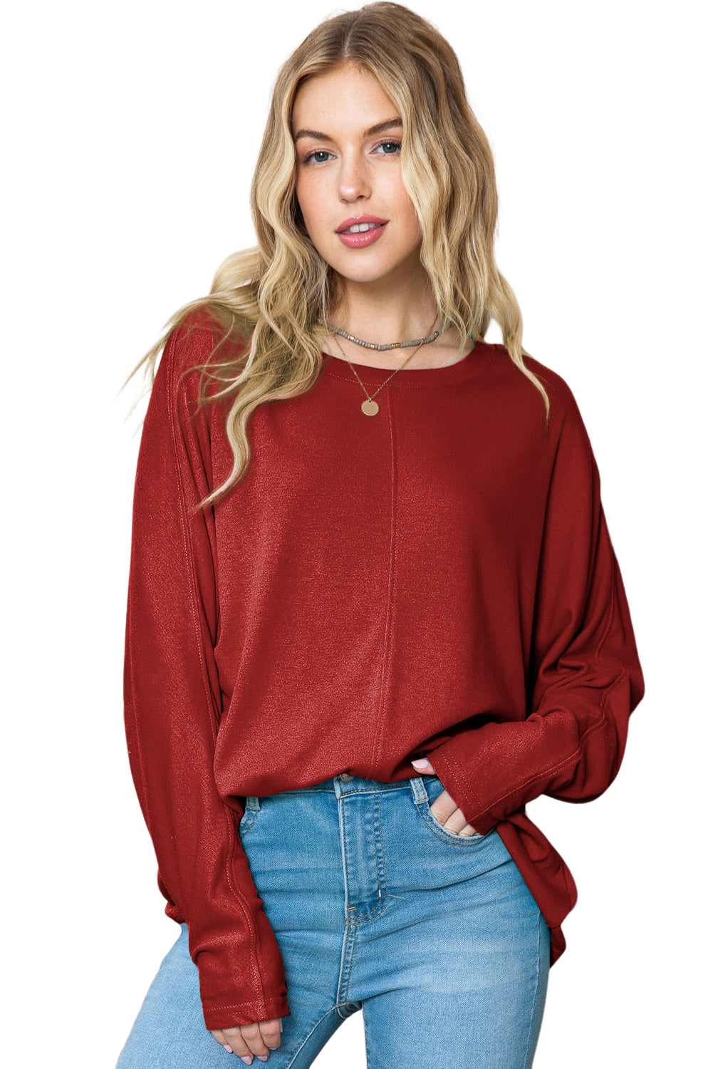 Green Plain Solid Color Casual Seam Long Sleeve Top