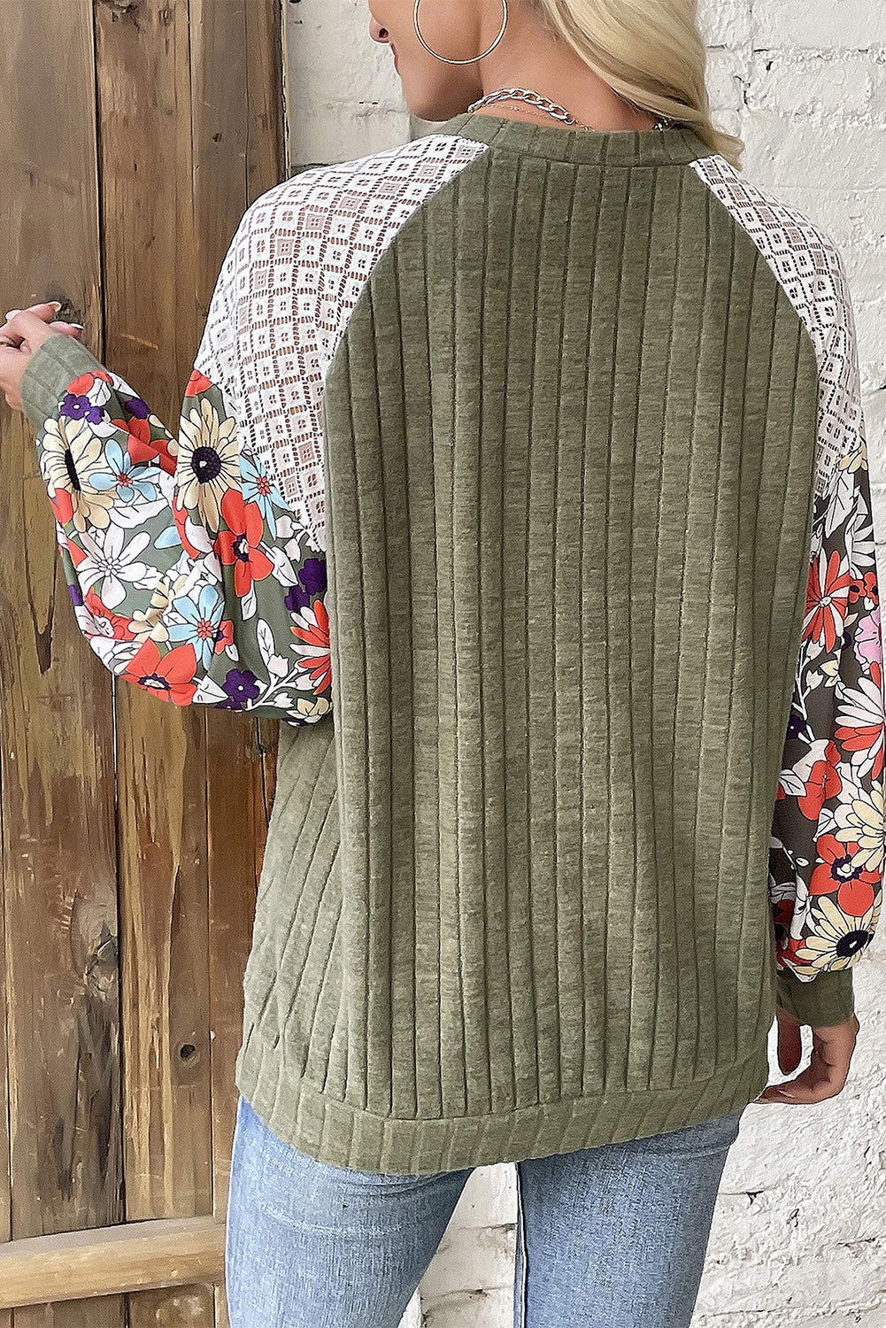 Parchment Floral Patchwork Raglan Sleeve Ribbed Blouse