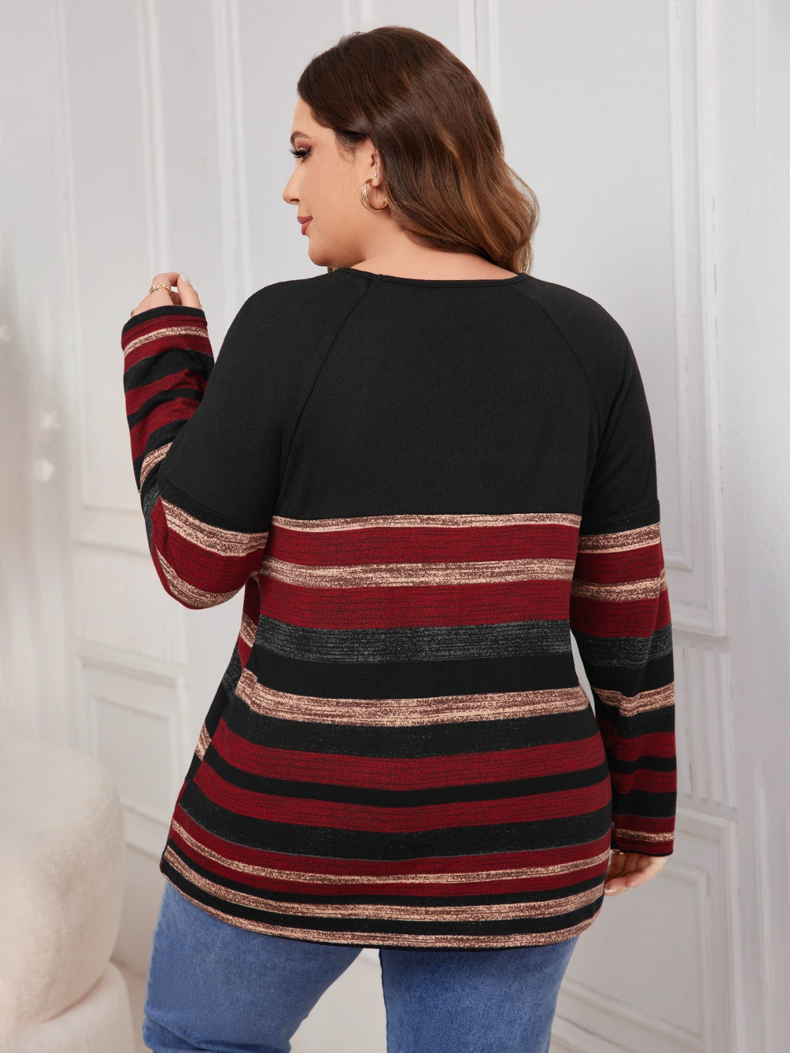 Honey Plus Size Decorative Button Striped Round Neck Long Sleeve T-Shirt