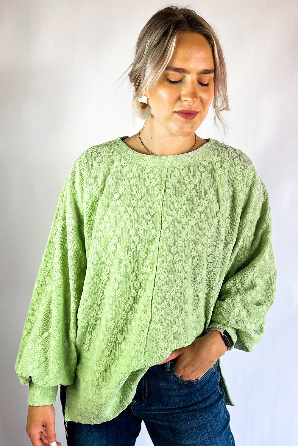 Light Green Textured Side Split Drop Shoulder Sweatshirt