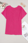 Bright Pink Basic Plain Textured V Neck T Shirt