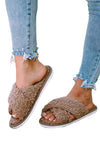 Brown Teddy Fur Cross Straps Home Slides Shoes