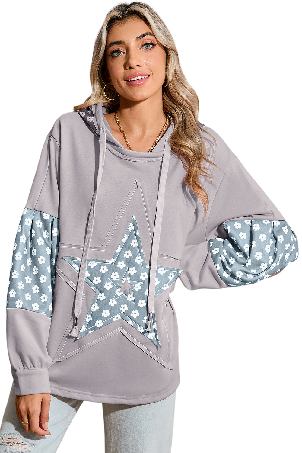 Apricot Floral Patchwork Star Pattern Drawstring Hoodie