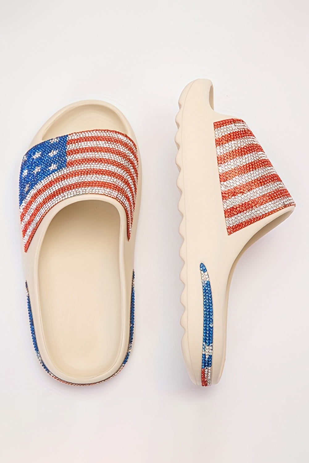 White Rhinestone American Flag Thick Sole Slides Shoes