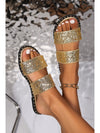 Gold Glittering Hollow Out Dual Straps Flat Slides Shoes