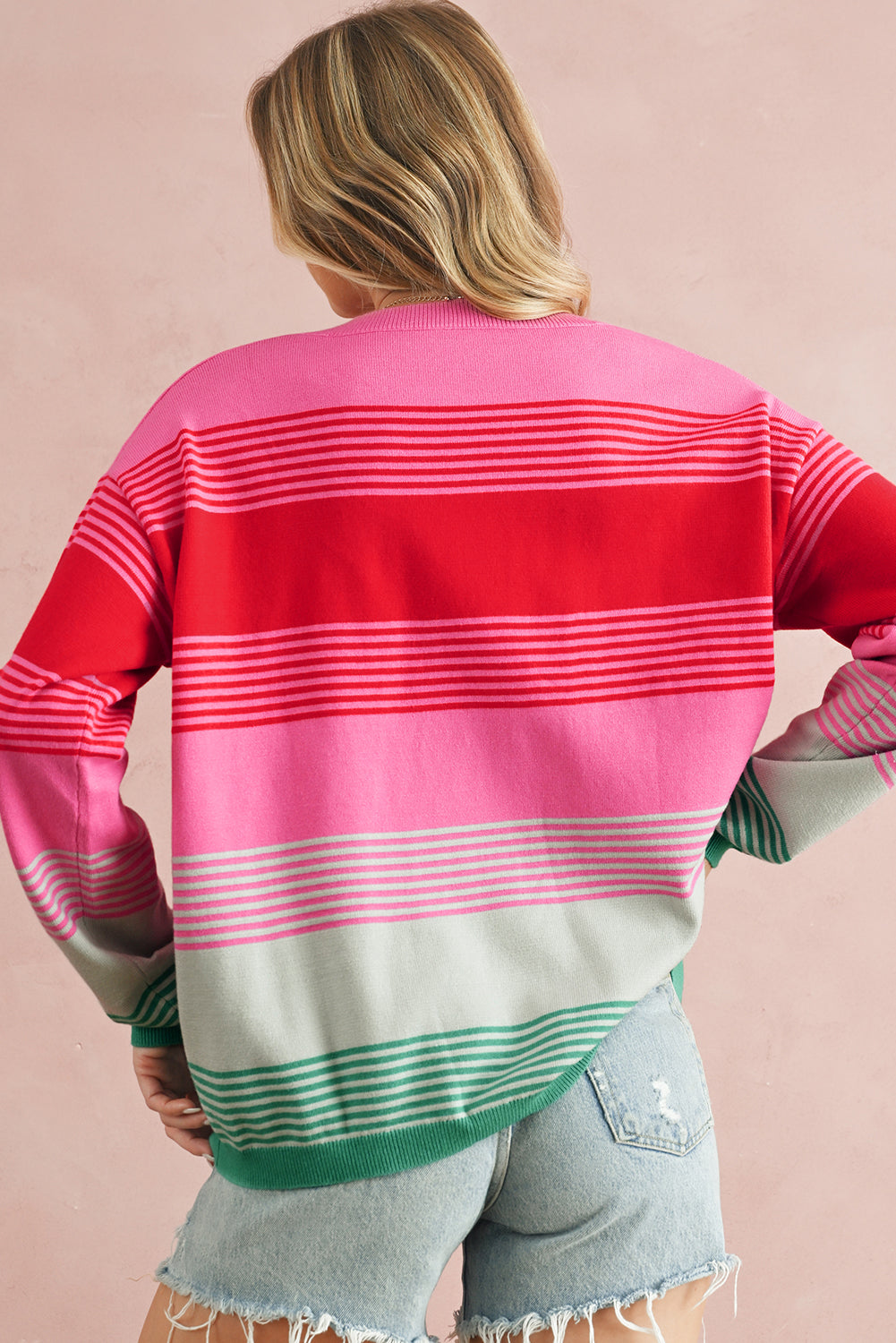 Rose Striped Patch Pocket Drop Shoulder Knit Sweater