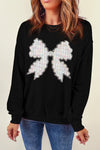 Black Rhinestone Décor Bow Graphic Pullover Sweatshirt