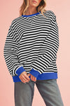 Blue Stripe Contrast Edge Cross Seam Oversized Pullover