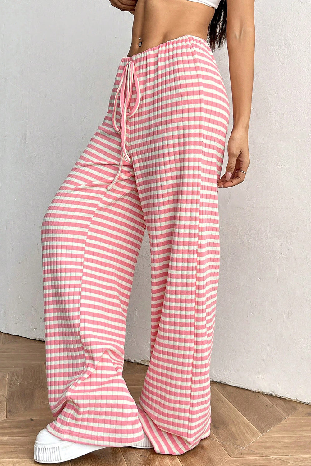 Pink Stripe Colorblock Print Cotton Drawstring Pants