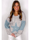 Beau Blue Floral Patchwork Star Pattern Drawstring Hoodie