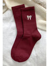 Fiery Red Embroidered Bowknot Ribbed Crew Socks