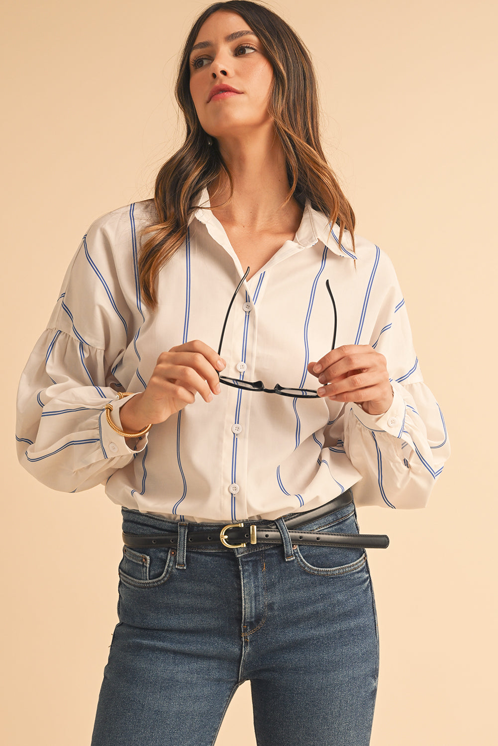 Sky Blue Stripe Drop Shoulder Bubble Sleeve Loose Shirt