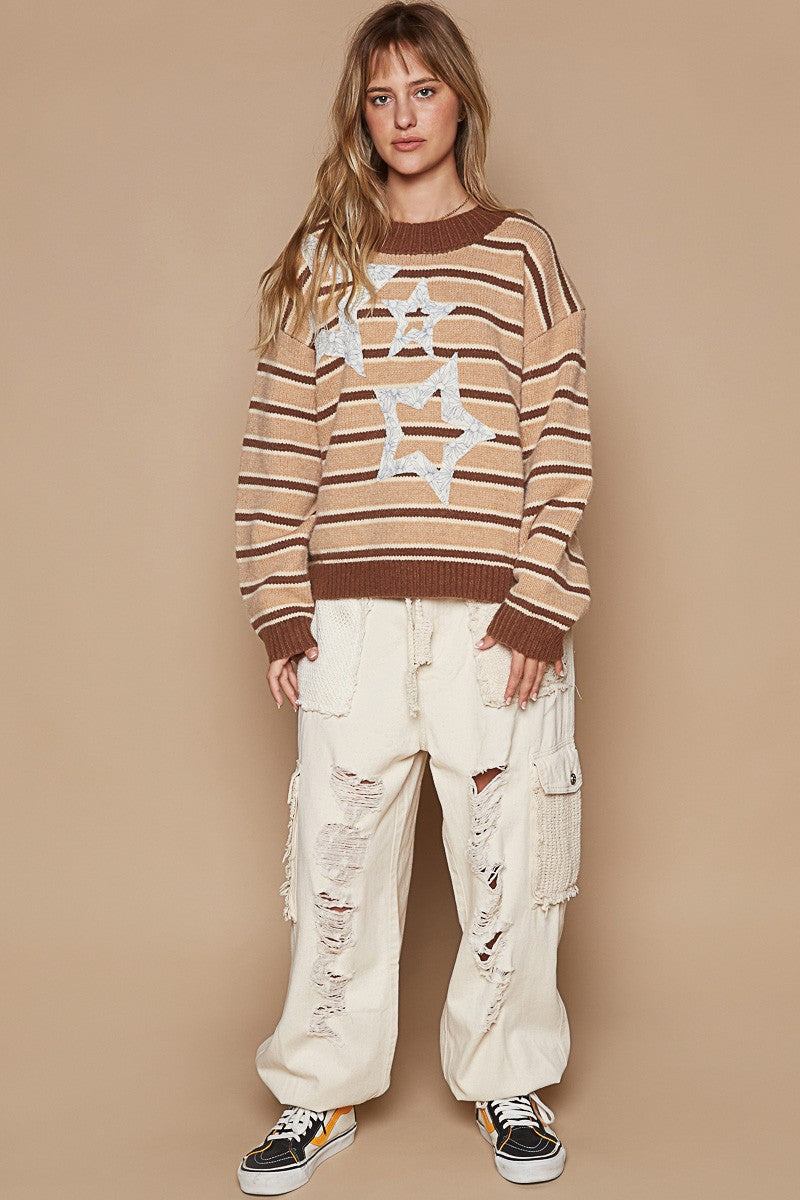 POL Star Patch Stripe Round Neck Sweater