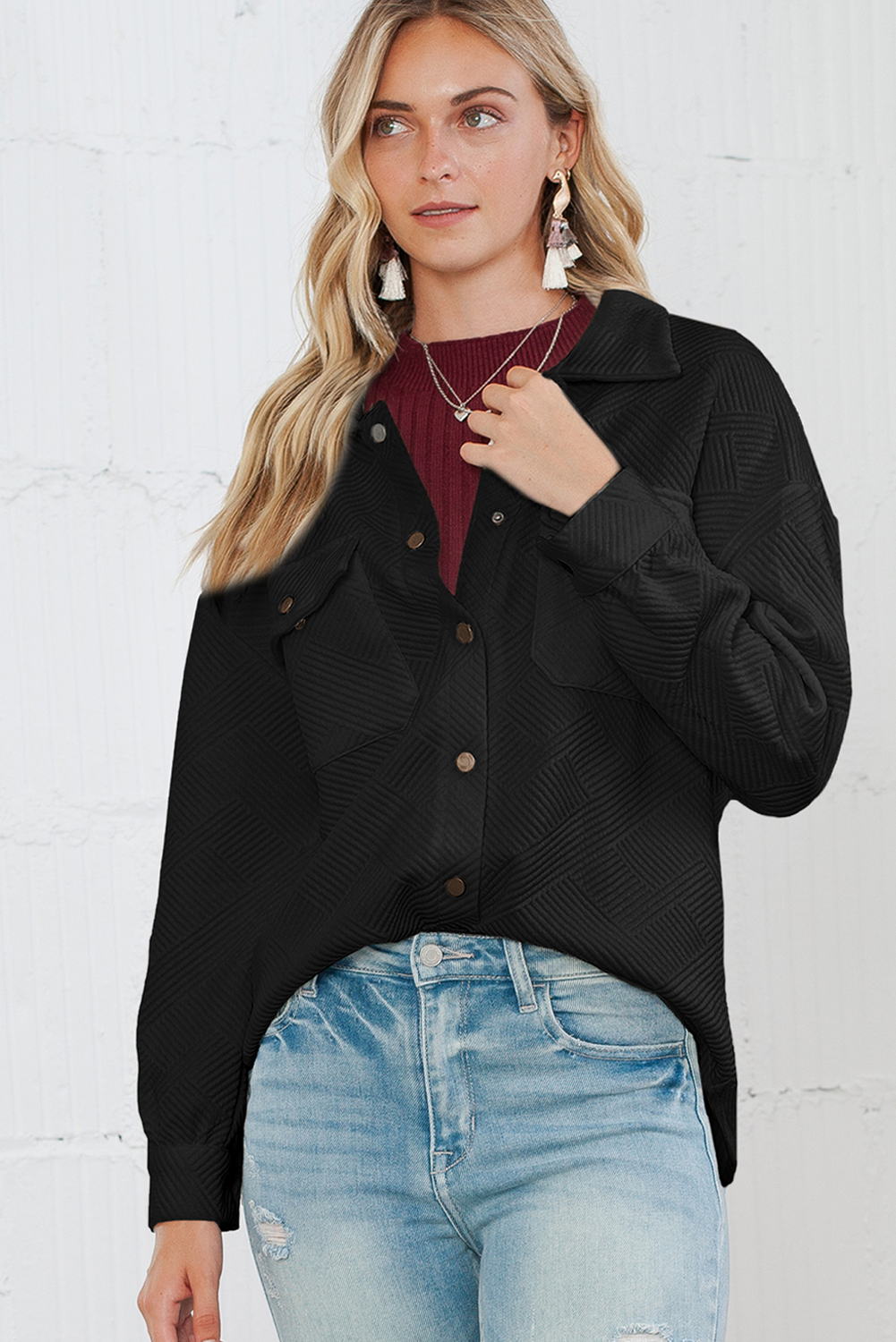 Black Solid Textured Flap Pocket Buttoned Shacket