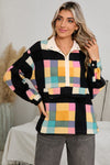 Black Checkered Pocketed Half Button Collared Sweatshirt