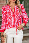 Strawberry Pink Floral Print Tie V Neck Blouse