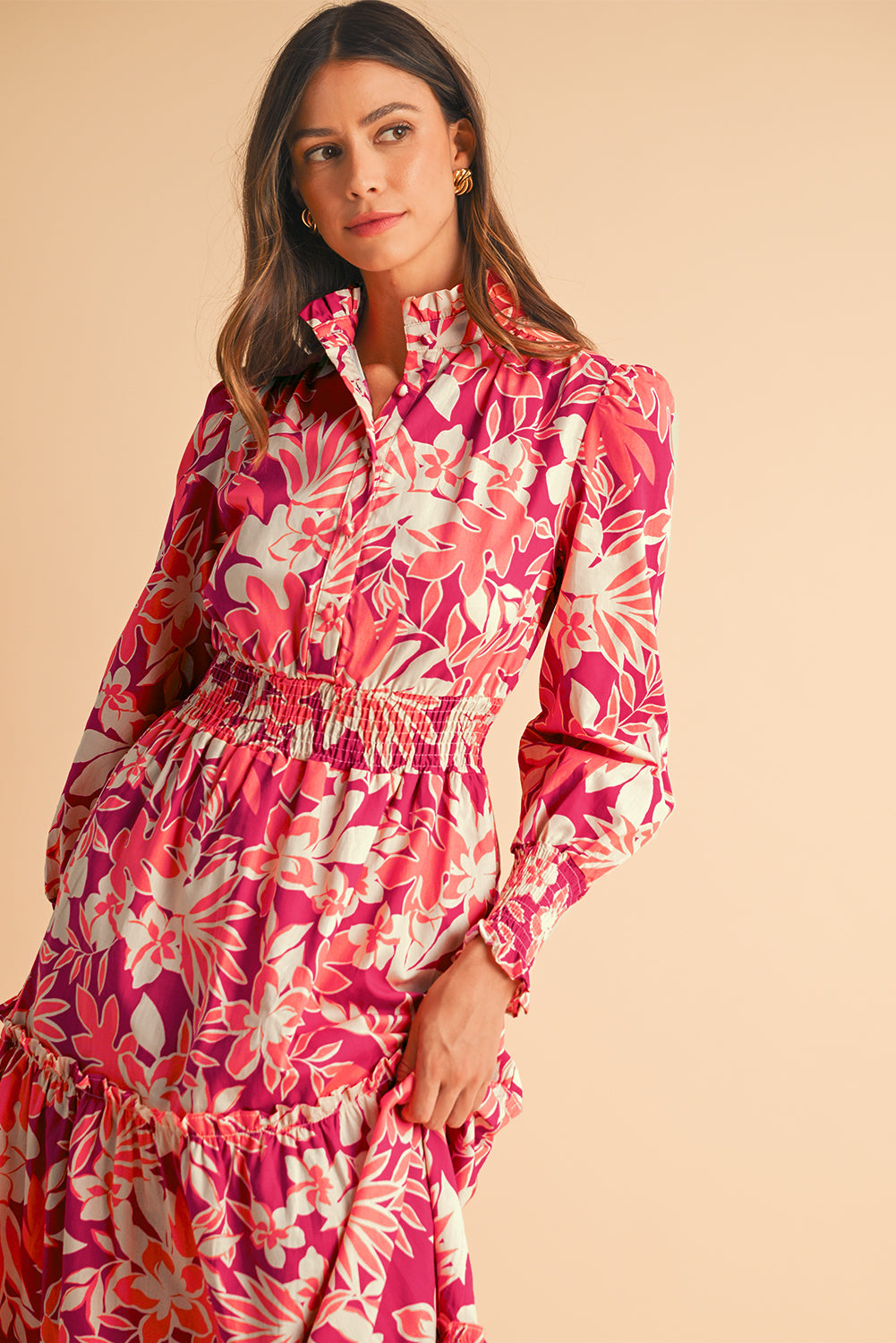 Rose Floral Print Buttoned Smocked High Waist Maxi Dress