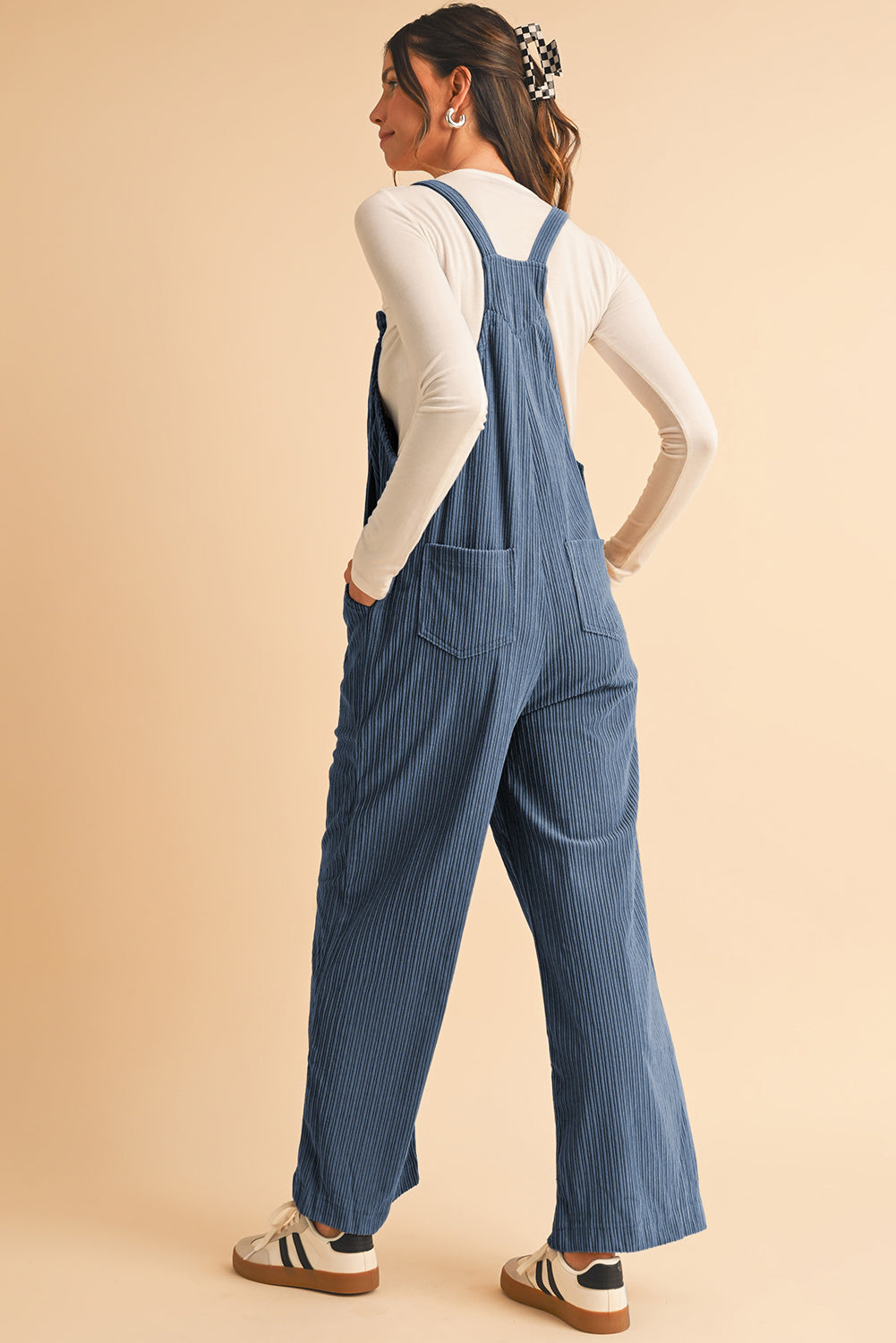 Gray Morn Plain Pocketed Loose Fit Corduroy Overalls