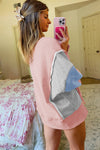 Apricot Pink Exposed Seam Colorblock Patchwork Split Cuffs Oversized Sweatshirt