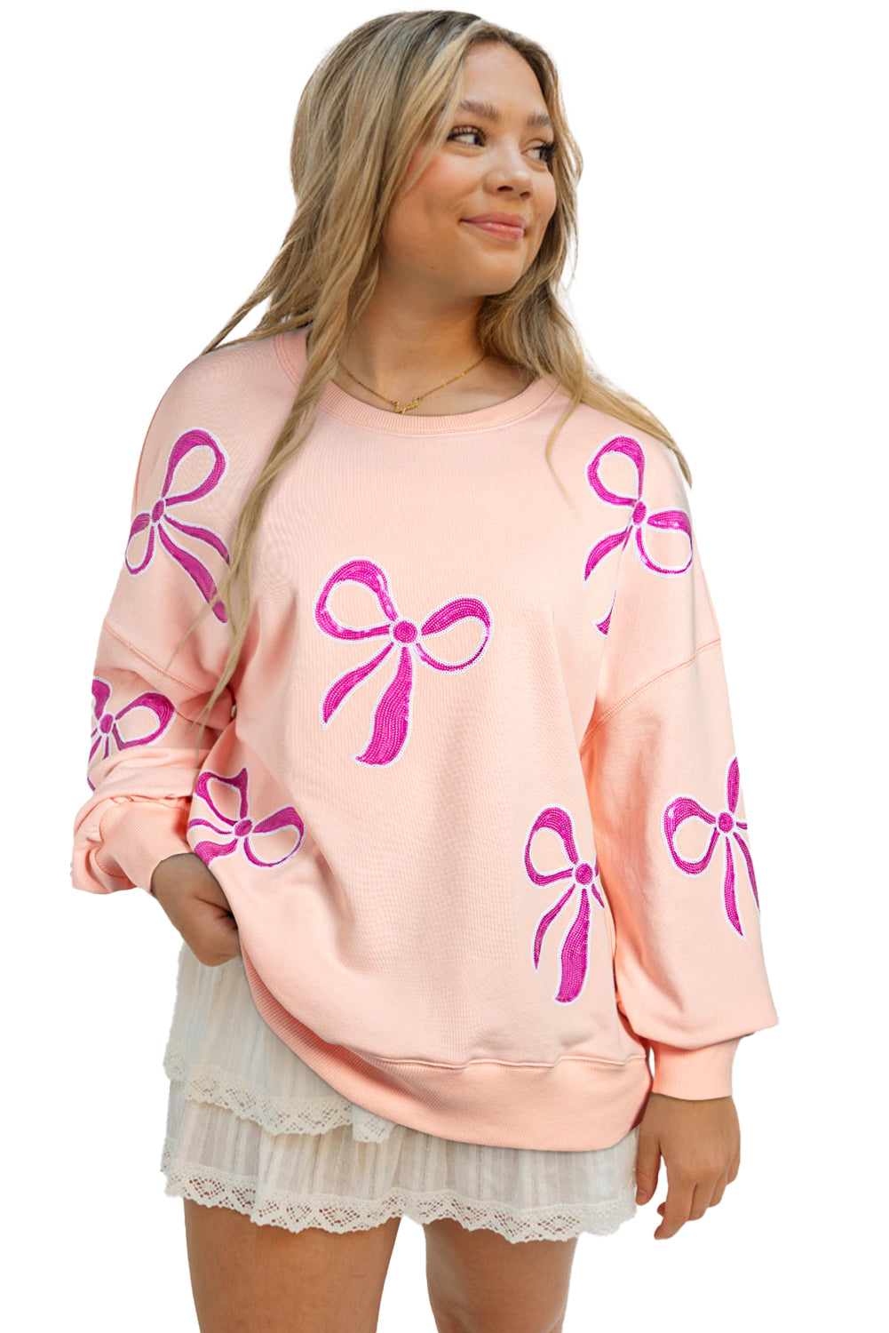 Apricot Pink Sequin Bow Drop Shoulder Oversized Sweatshirt