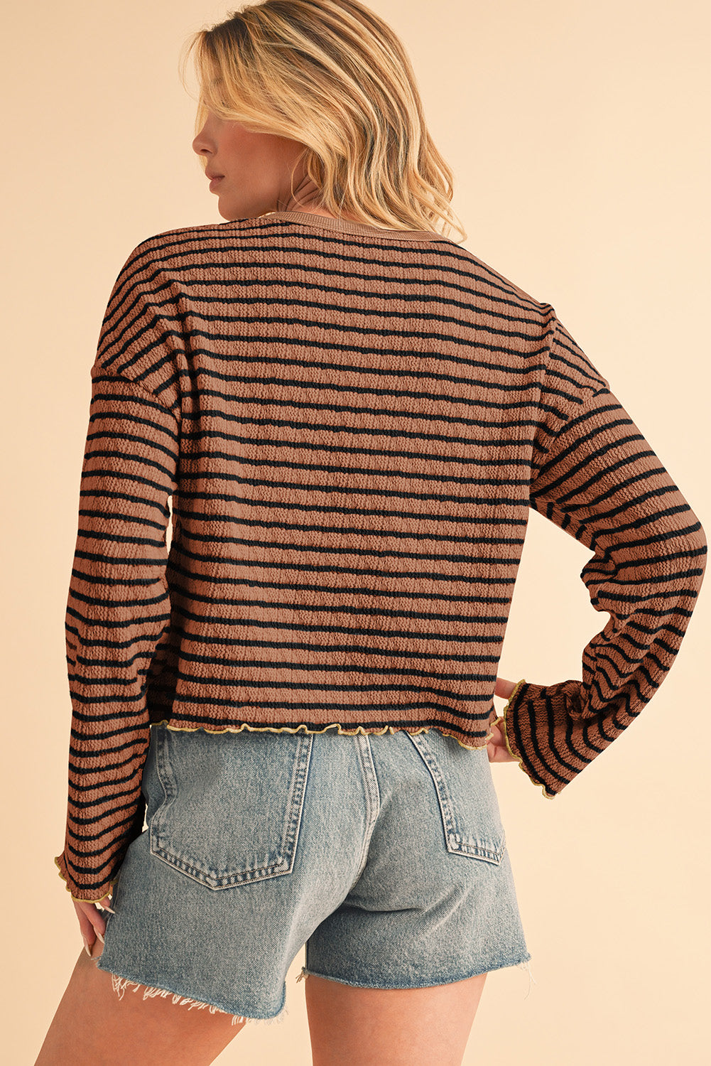 Sky Blue Stripe Textured Long Sleeve Henley Top