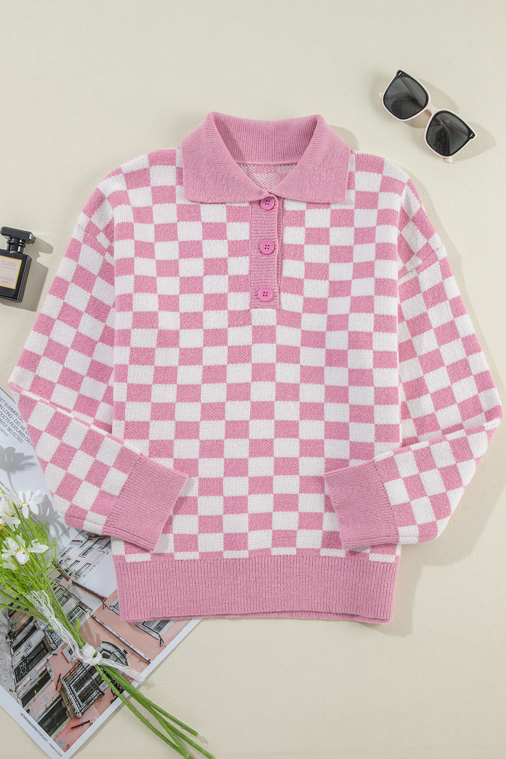 Apricot Checkered Buttons Collar V Neck Drop Shoulder Sweater