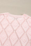 Gossamer Pink Openwork Plaid Puff Sleeve Cropped Sweater