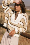 Khaki Striped Colorblock Zip Neck Knit Sweater