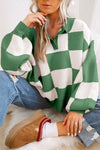 Mist Green Checkered V-Neck Collared Pullover Sweater